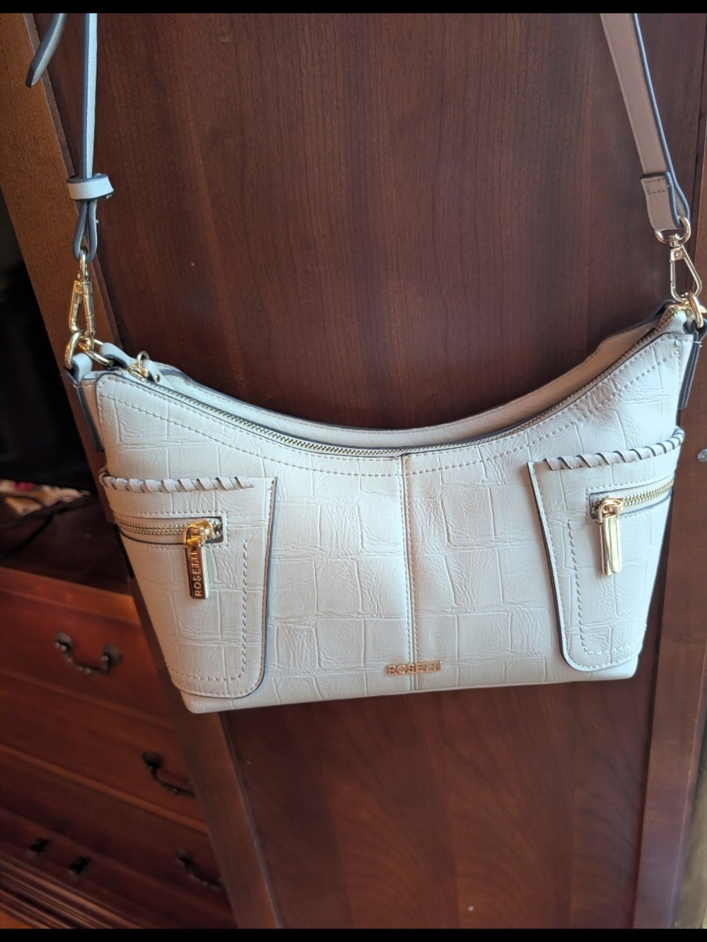 Rosetti Cream/Taupe Croc-Embossed Shoulder Bag with Gold Accents